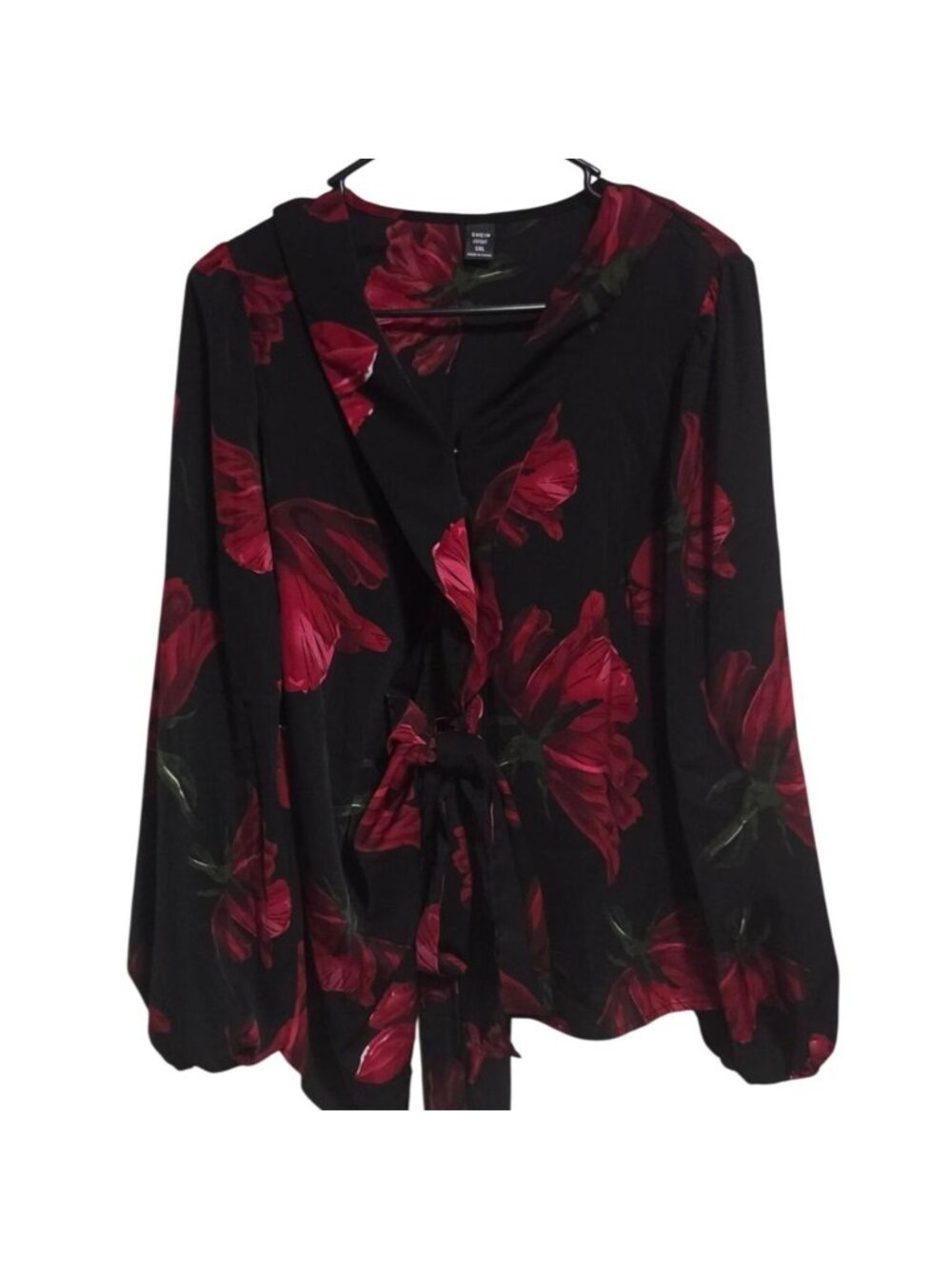Shein Curve Blouse Plus Size 1XL Black Red Floral Wrap Long Sleeves Tie Waist
